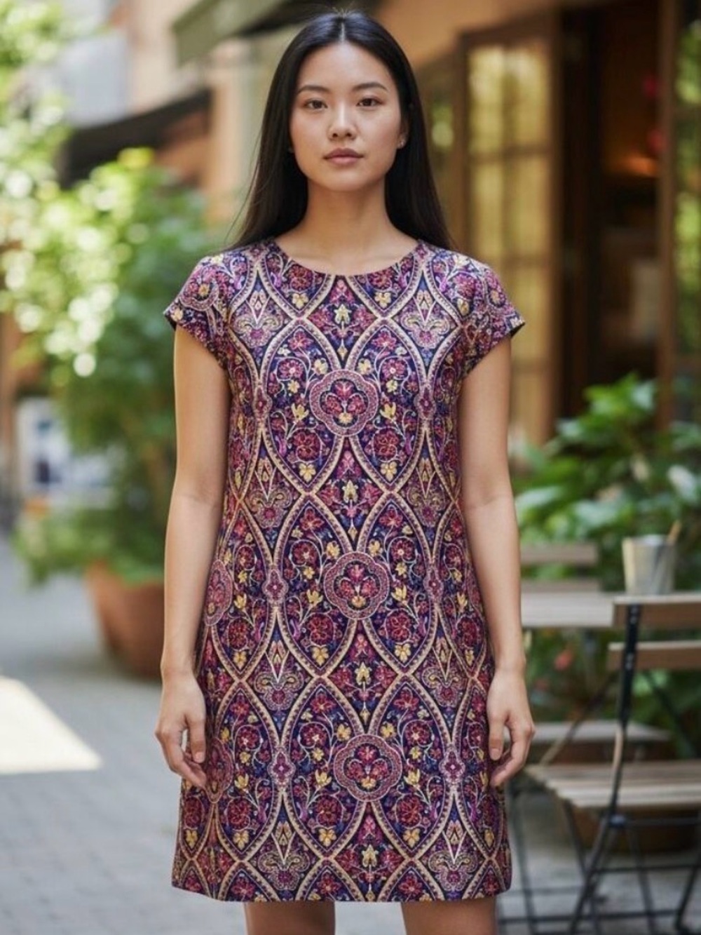 J. McLaughlin Silk Red Paisley Swing Shift Cap Short Sleeve‎ Lined Dress